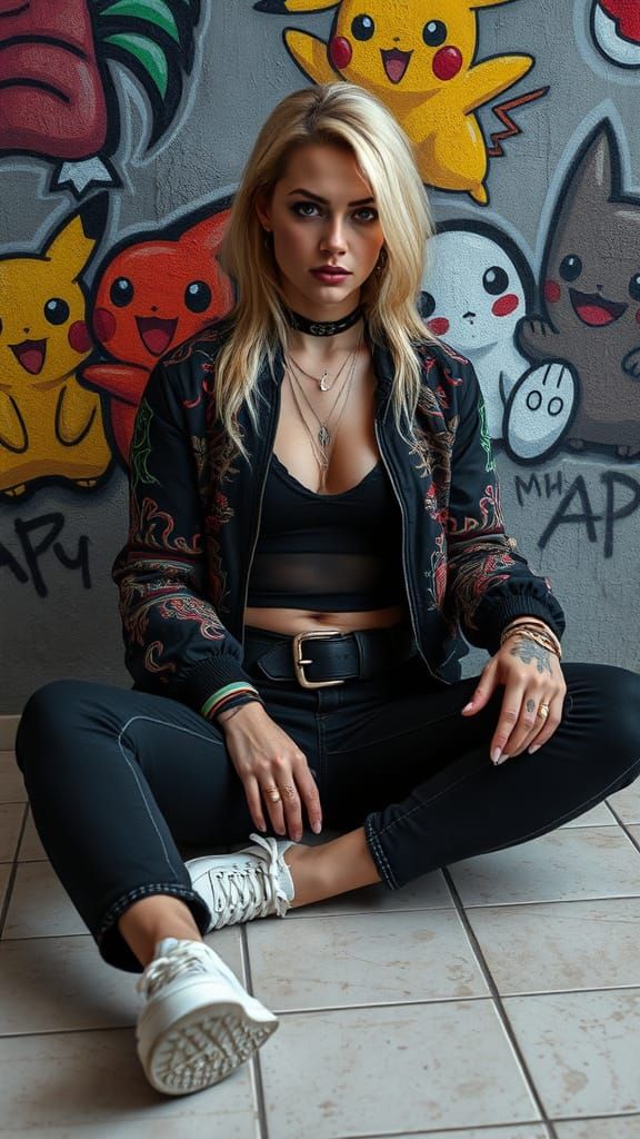 Hyperrealistic Woman Surrounded by Cartoonish Pokemon in Gra...