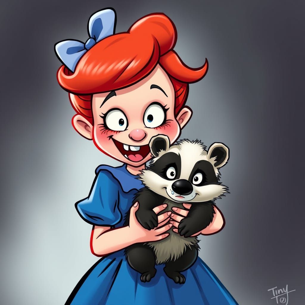 Disturbing Cartoon Girl Hugging Scared Badger