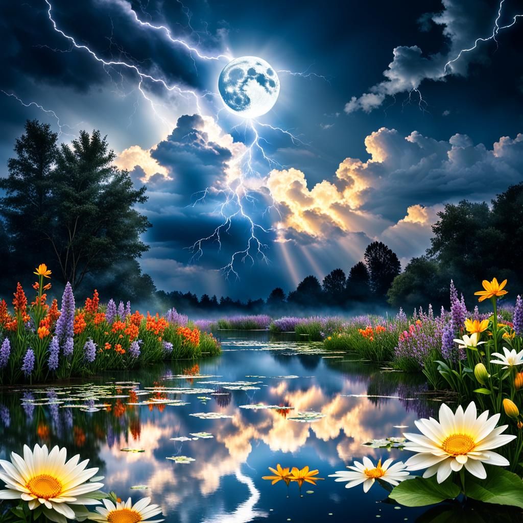 Moonlit Reflections: Lightning and Fireflies