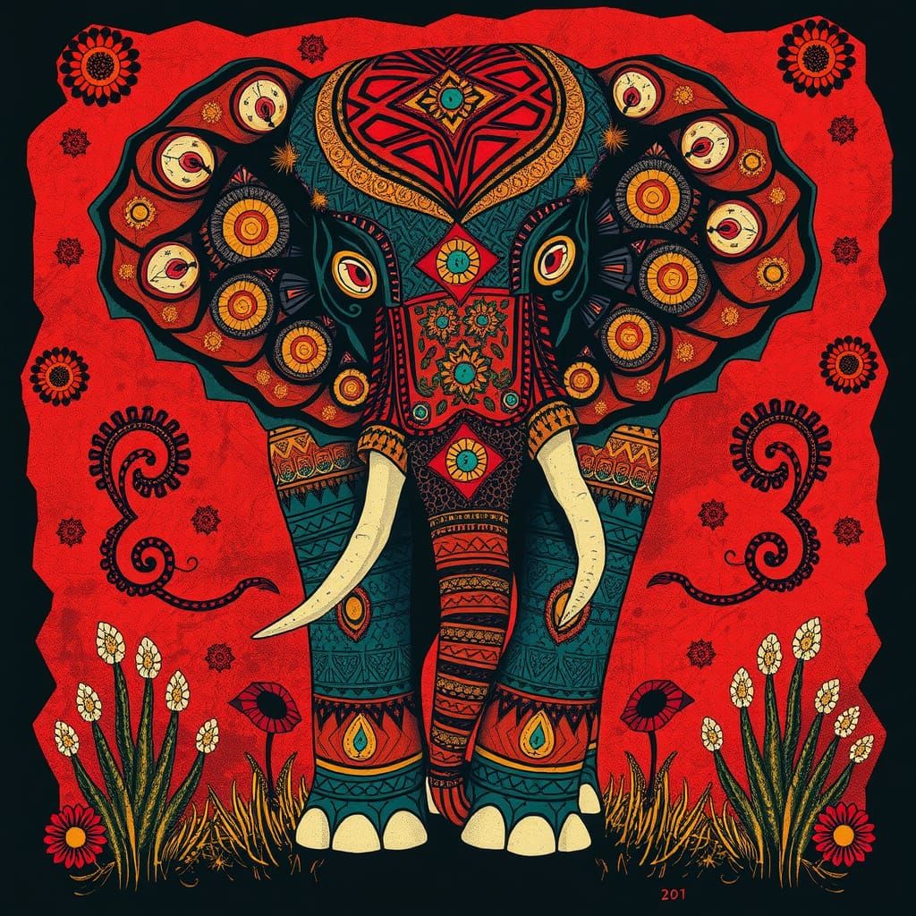 Abstract African Elephant in Folk Art Style