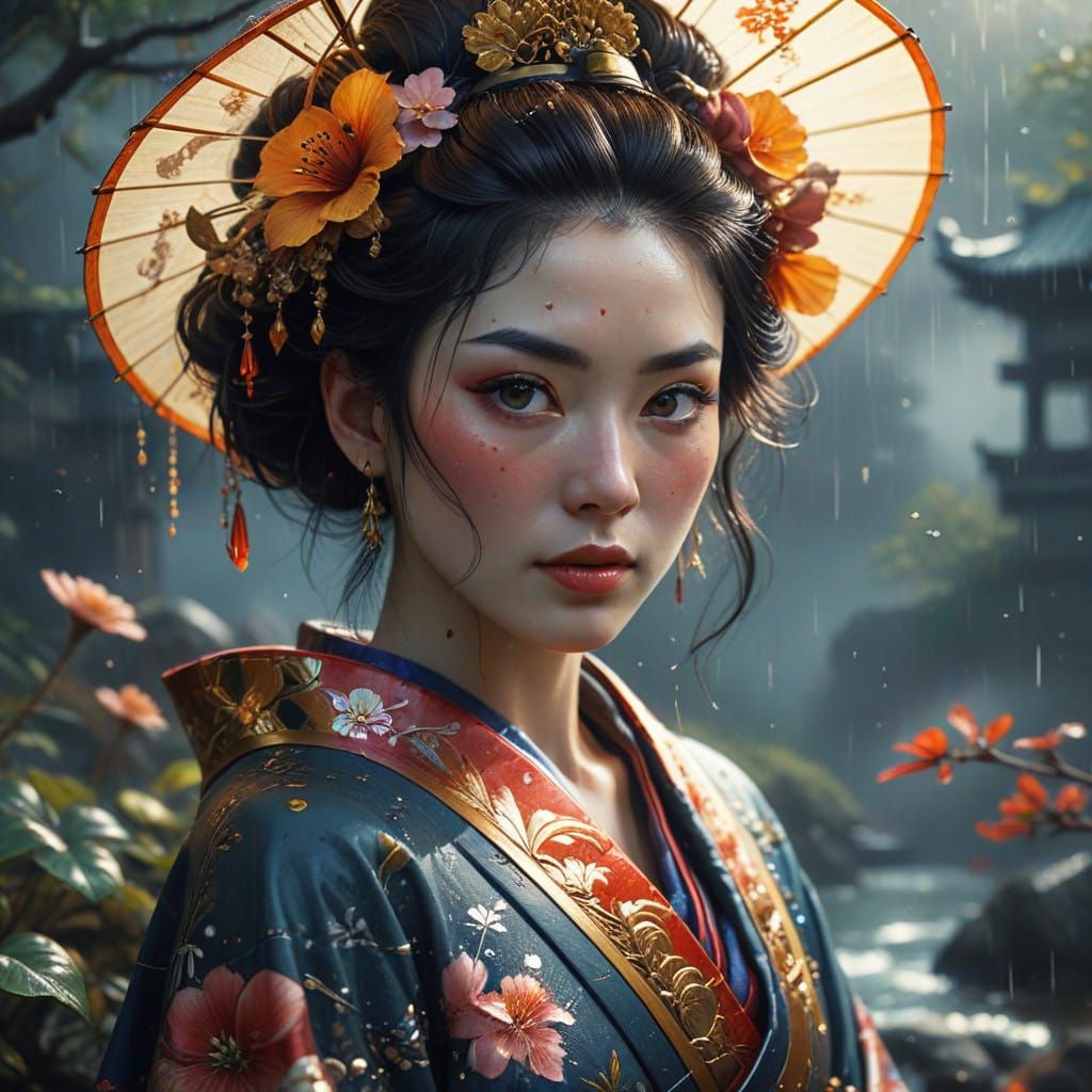 Ethereal Geisha Portrait in Dreamy Watercolor Style