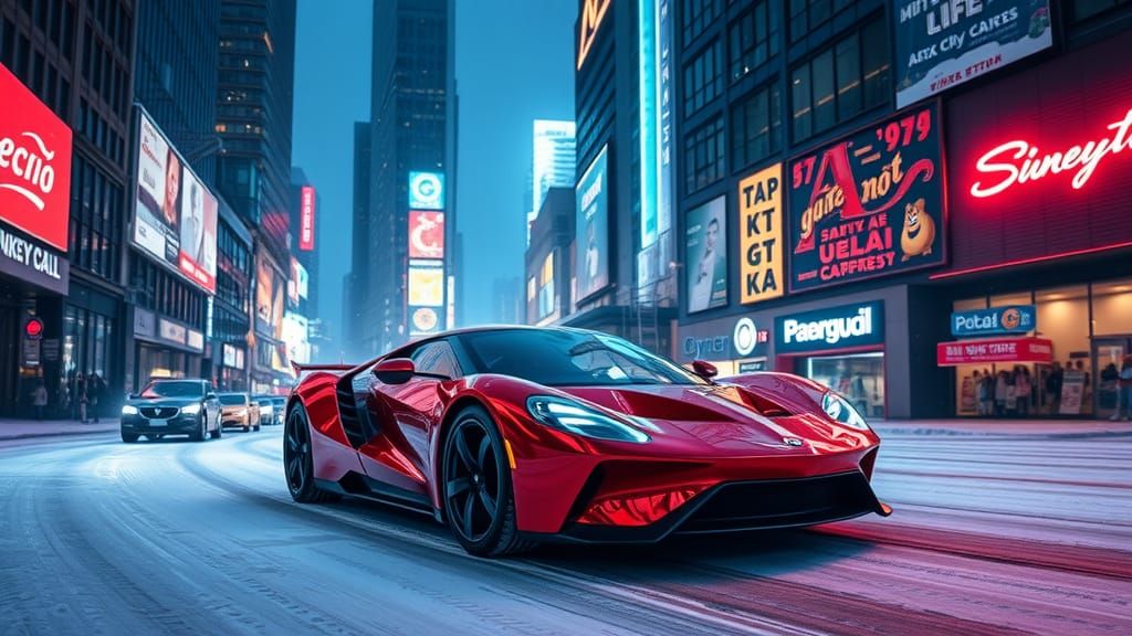 Cyberpunk Supercar in Snowy Cityscape