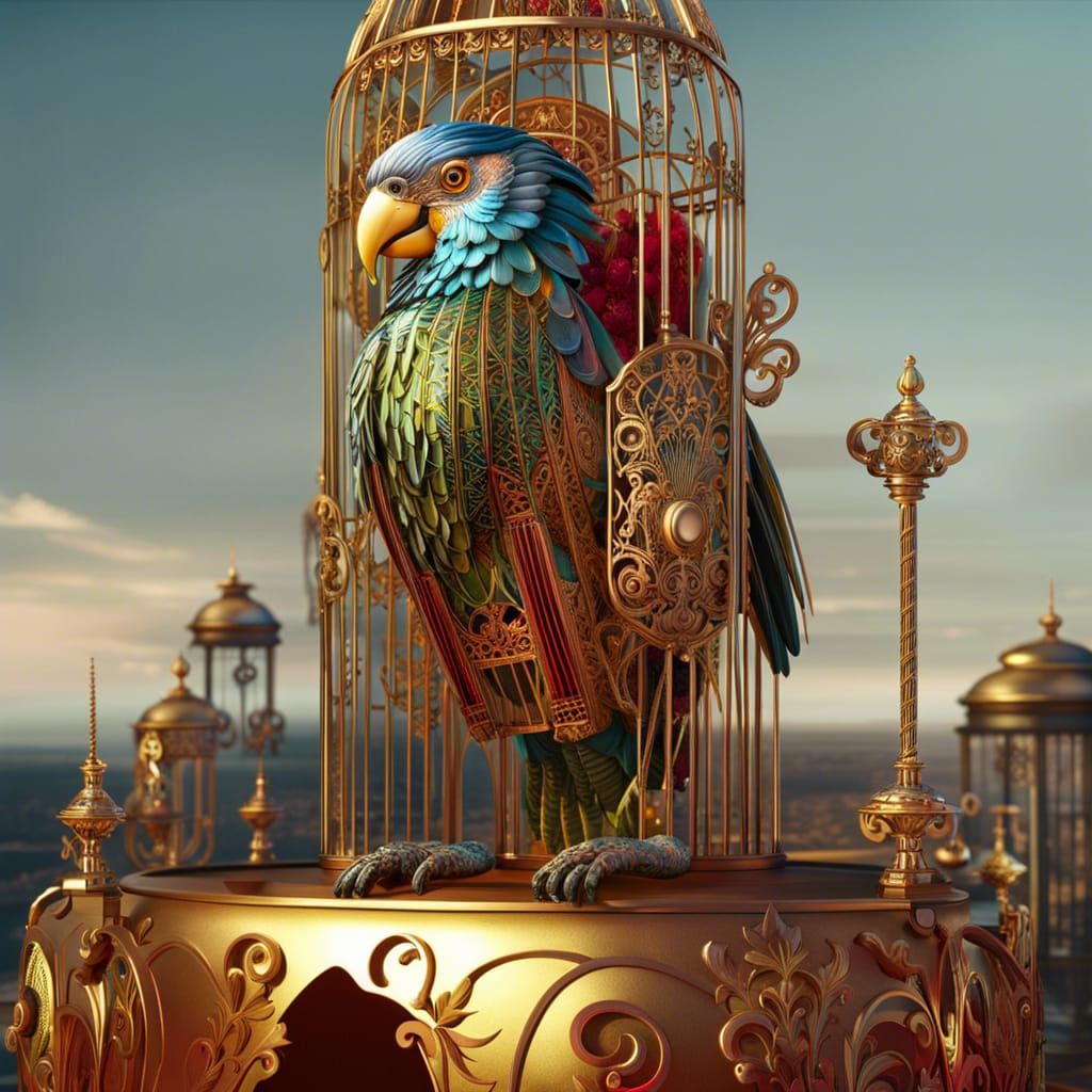 Robotic Parrot in Intricate Birdcage: Digital Art