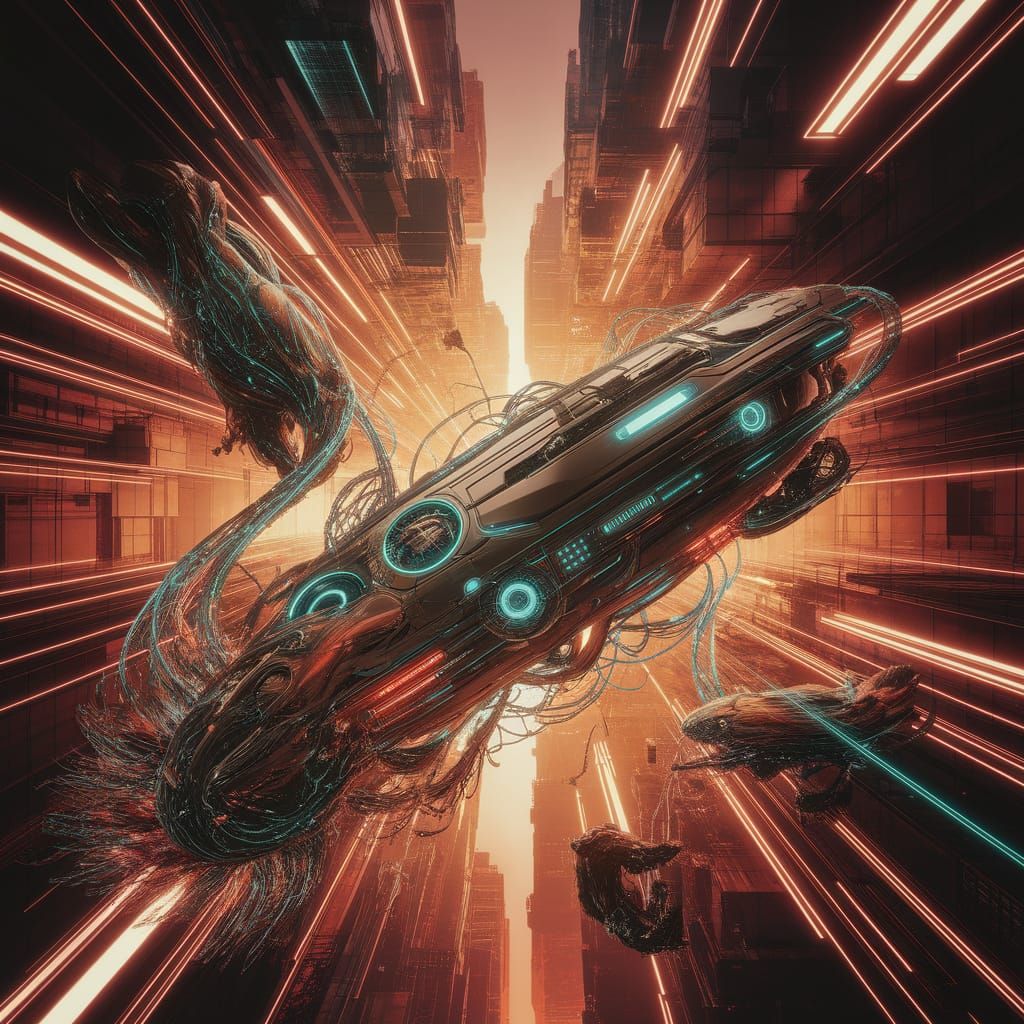 Cyberpunk Cityscape with Neon Lights & Bio-Organic Creatures