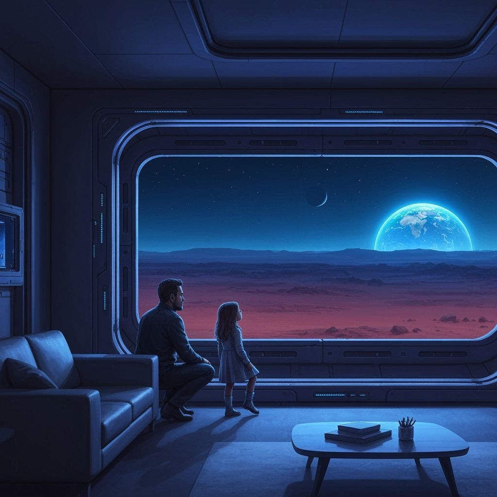 Futuristic Family Gazes at Martian Night Sky