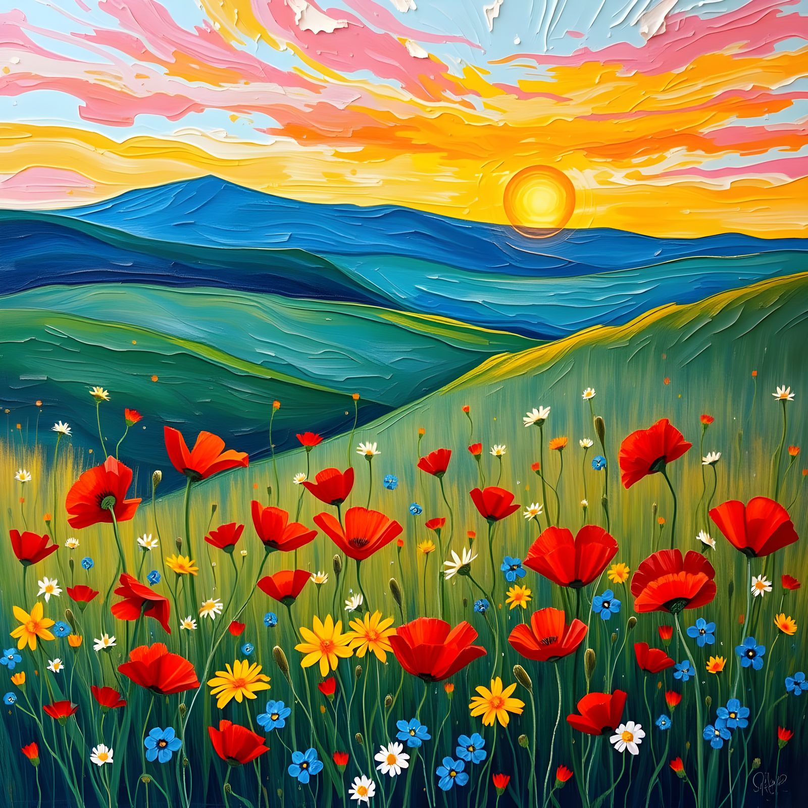Vibrant Wildflower Sunset in Neo-Impressionist Oil Painting ...