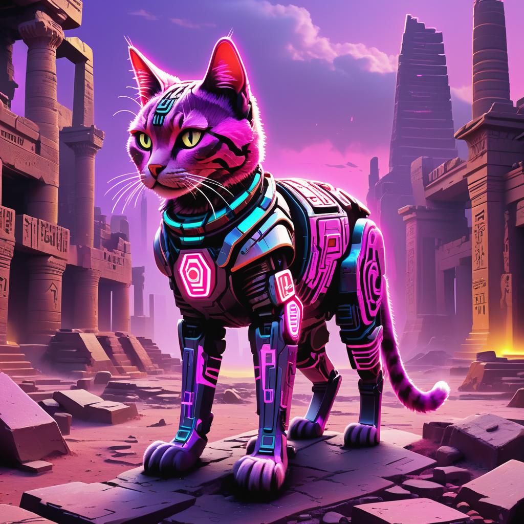 Cyberpunk Cat Robot in Ancient Egyptian Ruins