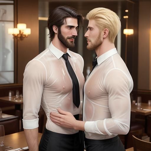 Handsome Waiters in Wet Shirts Chatting
