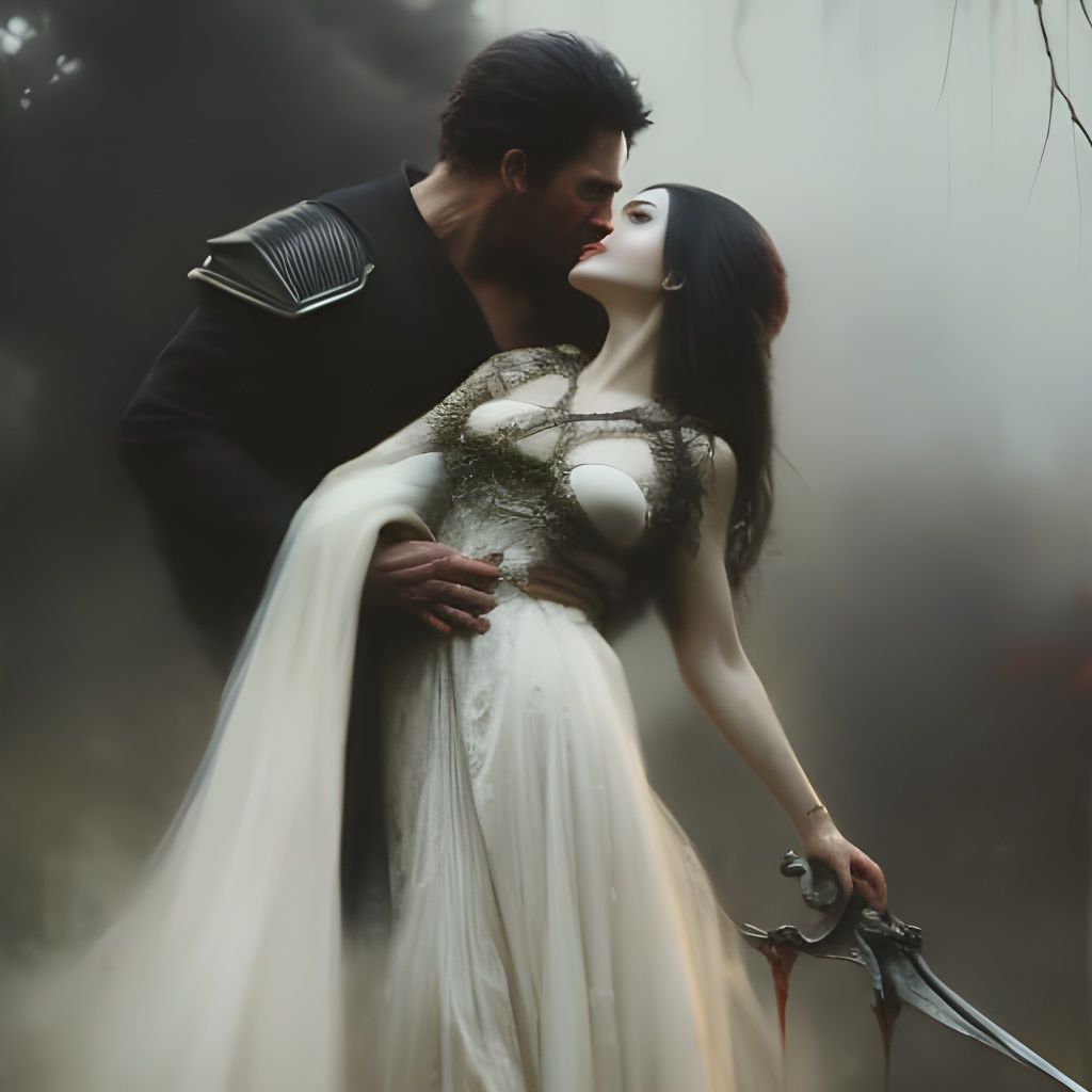 Vampire and Beast Lover: Sinister Oil Painting