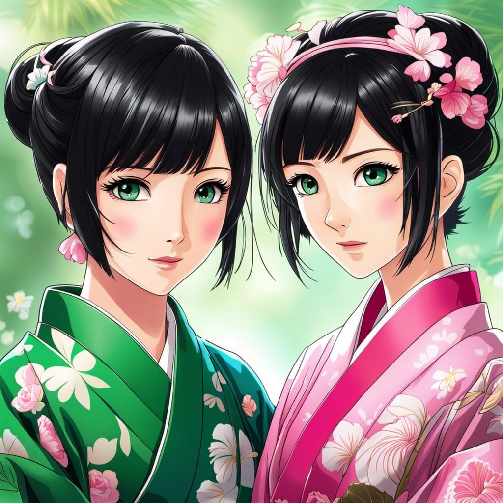 Anime Portrait of Two Women in Yukatas