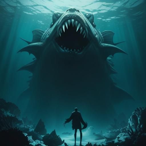 Gigantic Sea Monster in Bioluminescent Horror Art