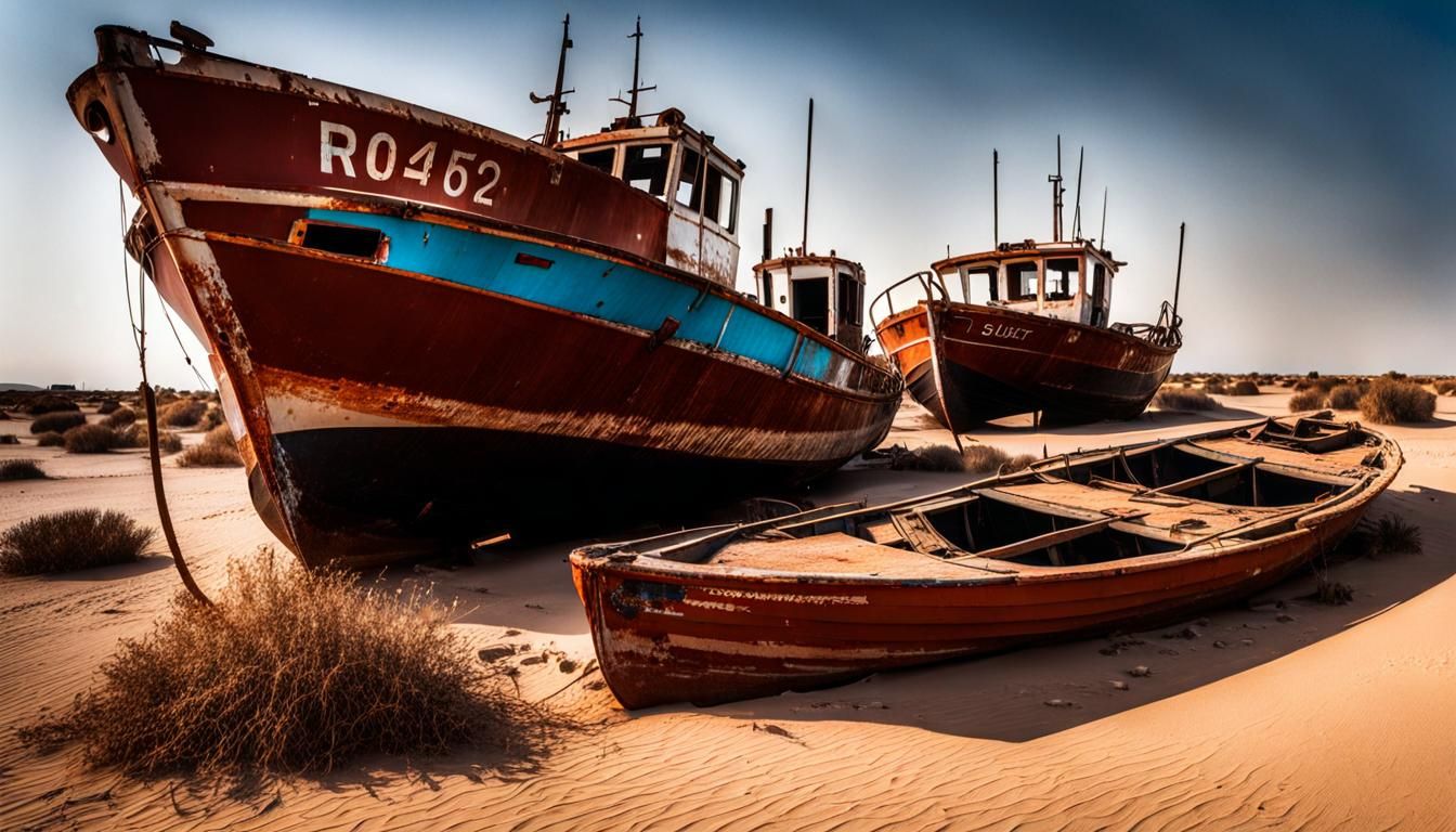 Abandoned Fishing Boats in Evaporated Desert Sea