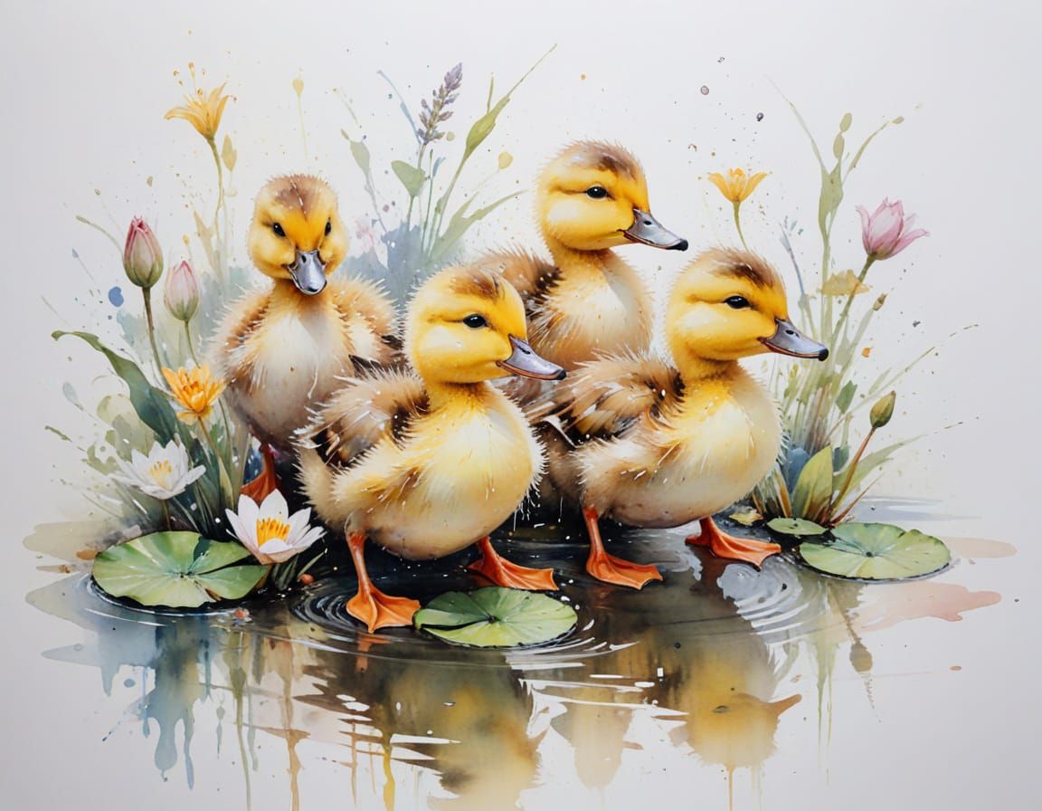 Joyful Ducklings Splashing in Pastel Pond