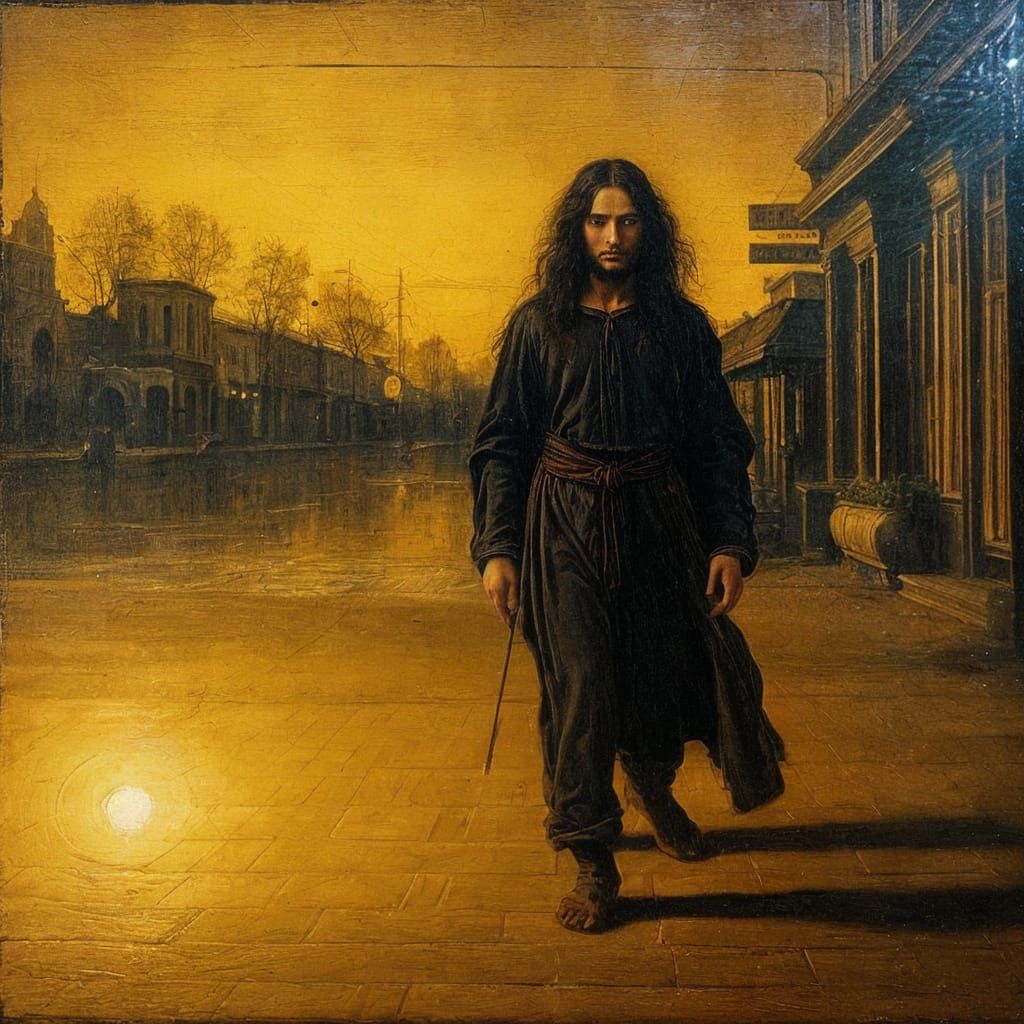 Golden City Serenity: A Chiaroscuro Masterpiece in the Style...