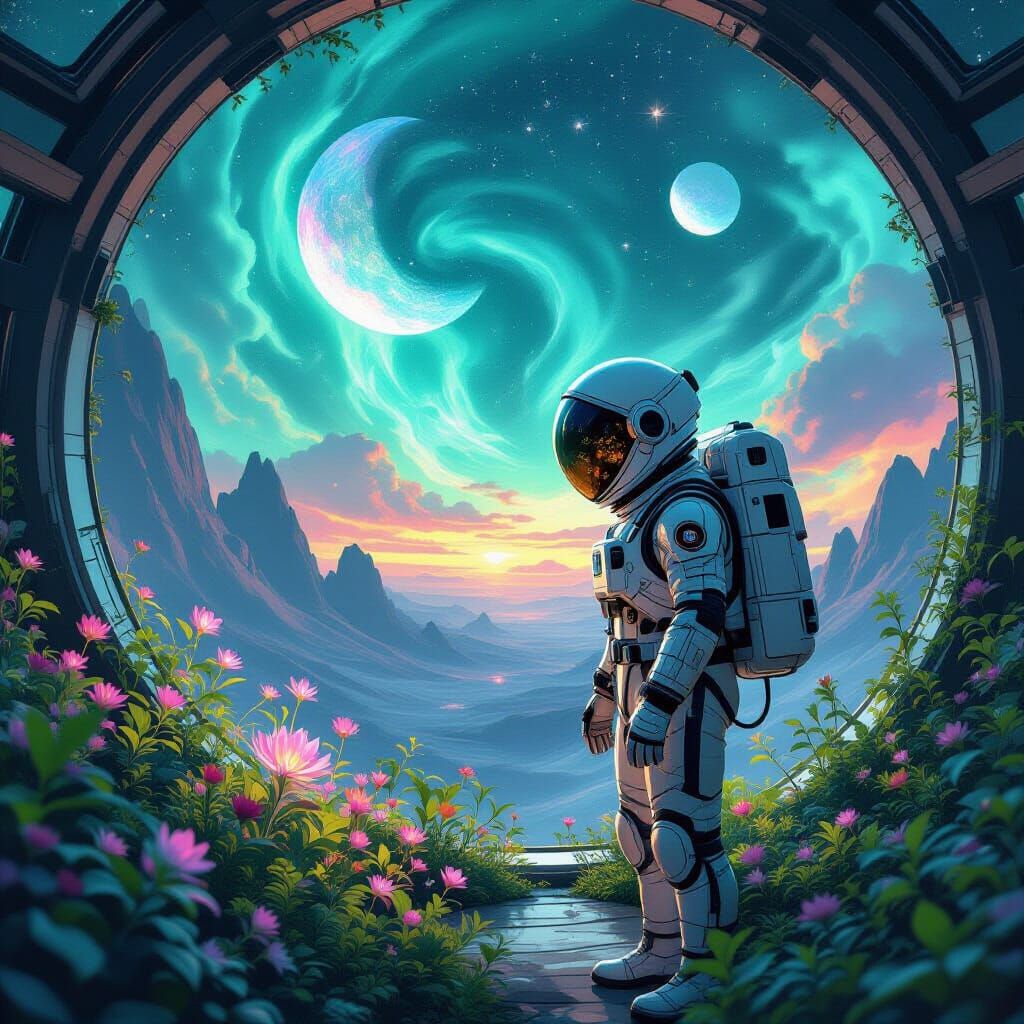 Bioluminescent Garden on Exoplanet: Moebius & Ghibli Style