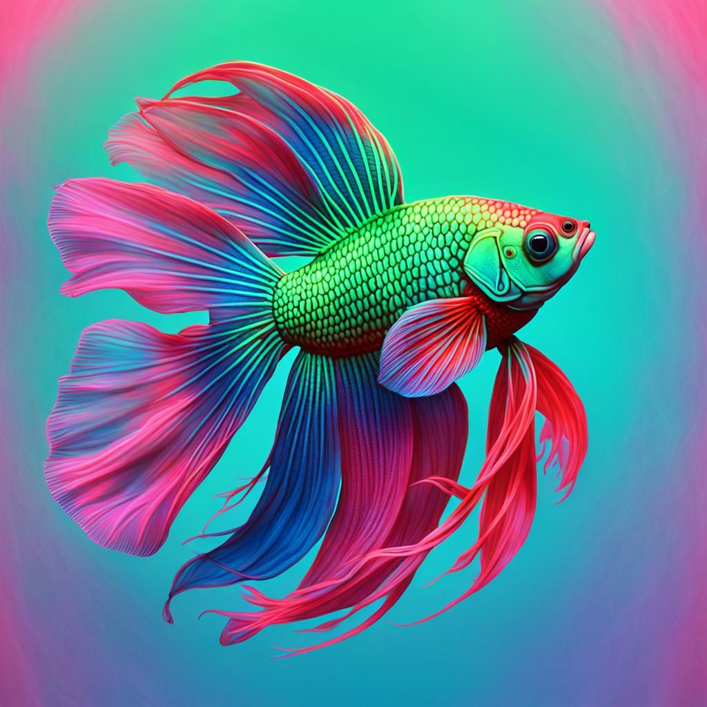 3D deep neon green and red fluorescent glow Siamese fighting fish in neon fluorescent pink coral