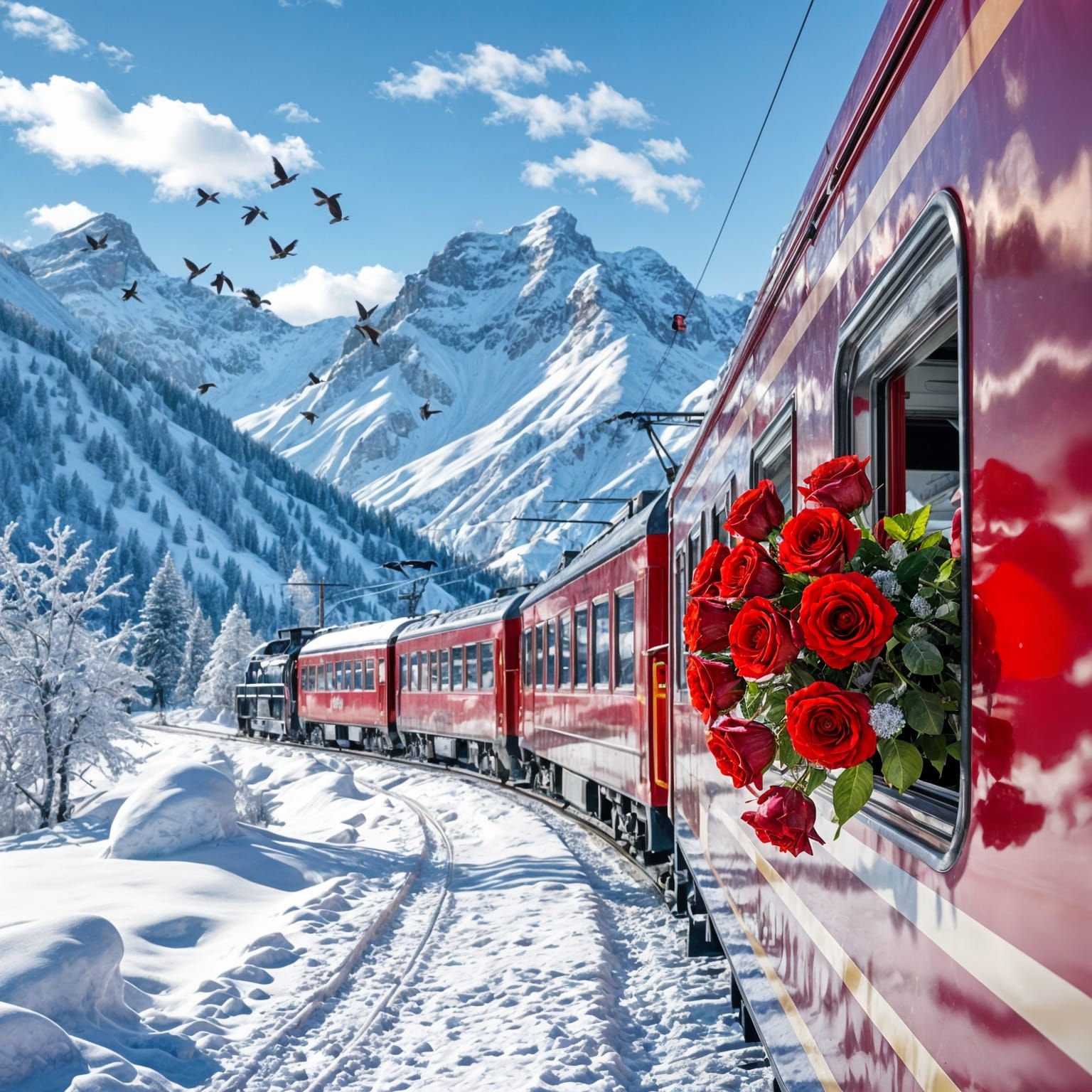 Hyper-Realistic Winter Train Amidst Snowy Mountains