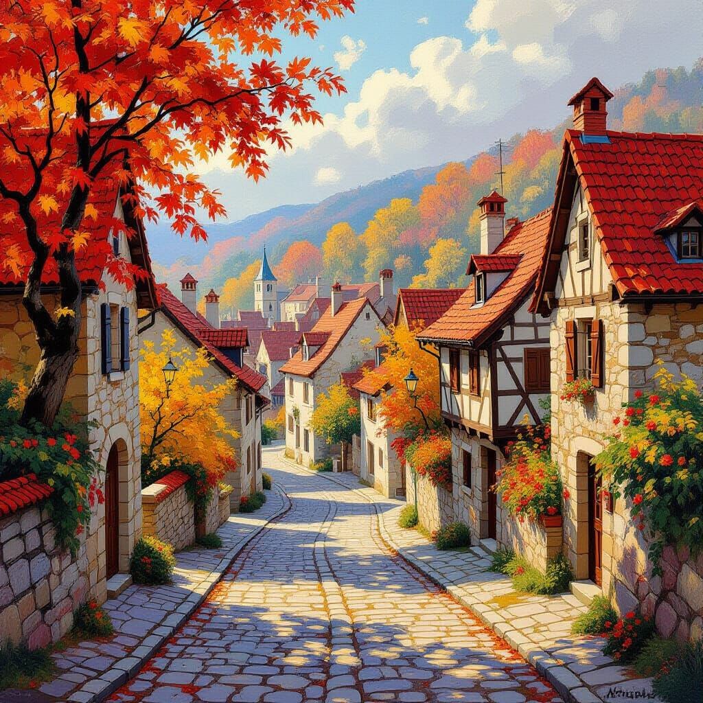 Ancient European Town in Autumn's Vibrant Colors