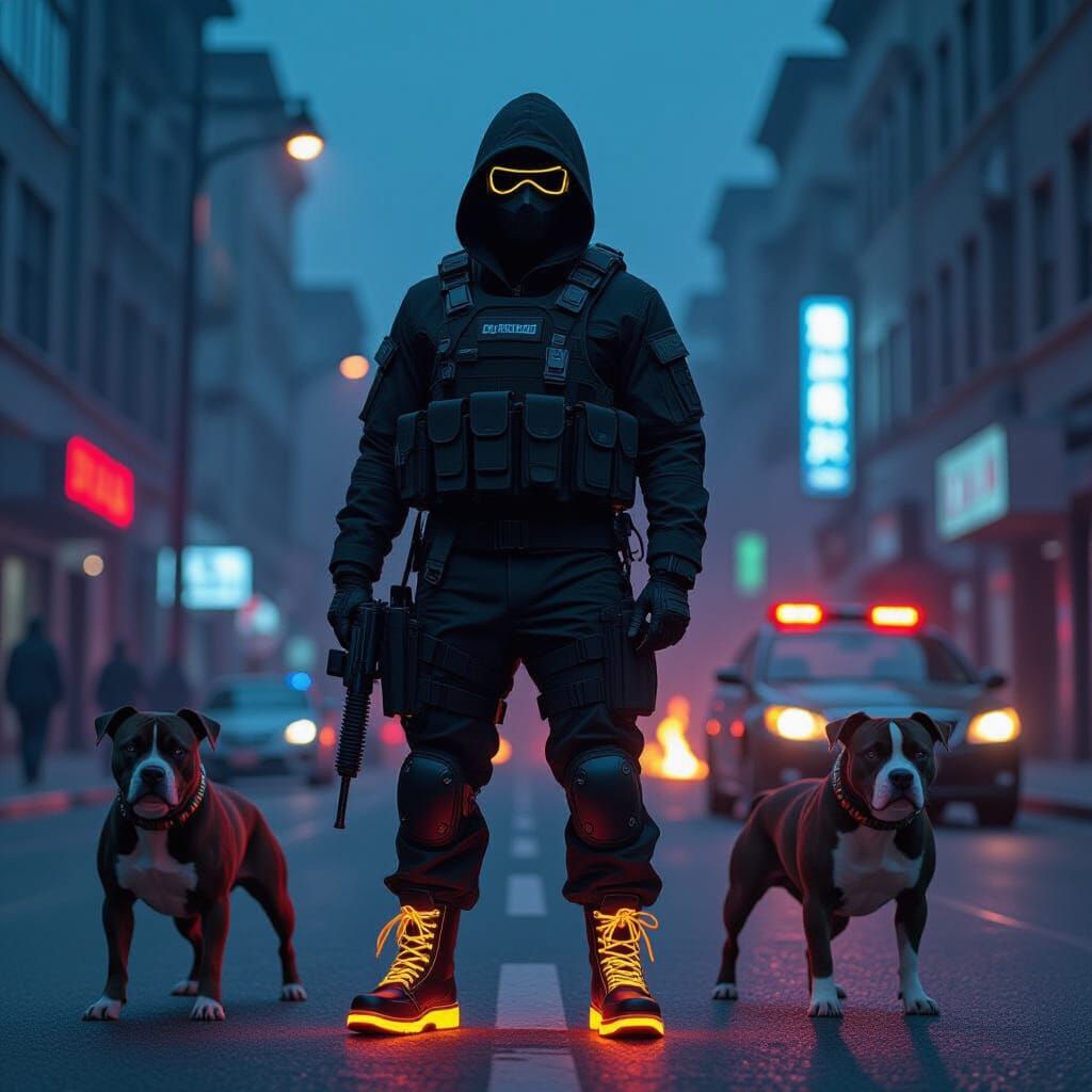 Tactical Figure in Neon Glow Amidst Burning Streets