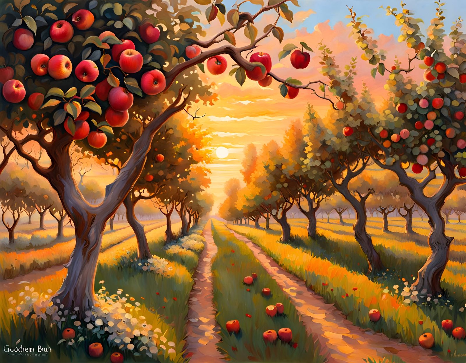 Orchard at Golden Hour: Gouache and Watercolor Impressionism