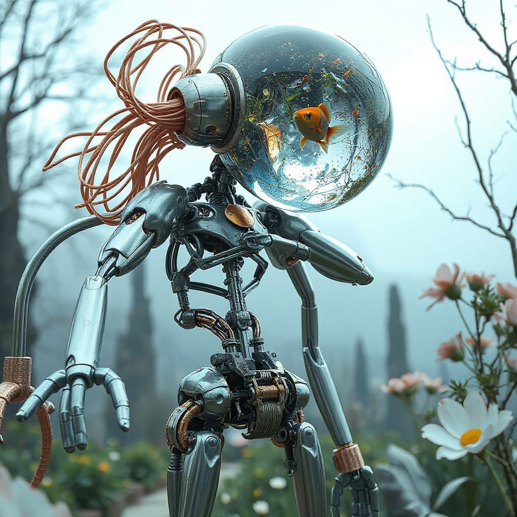 Futuristic Robot With Aquatic Head in Ethereal Garden
