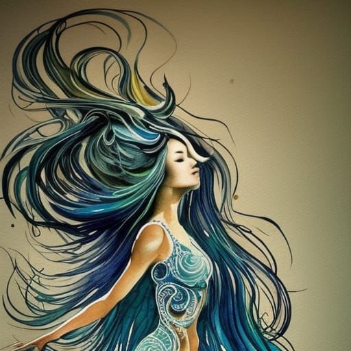 Gestural Blue-Haired Dancer in Gouache Style