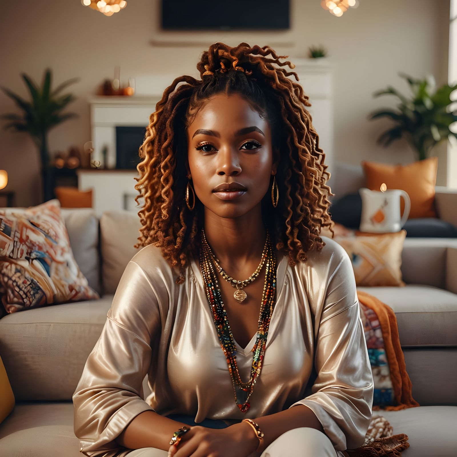 Confident Woman with Jeweled Locs in Photo-Realistic Style