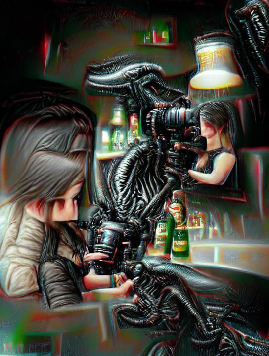 Crying Xenomorph in Bar: DSLR Realism, Volumetric Lighting