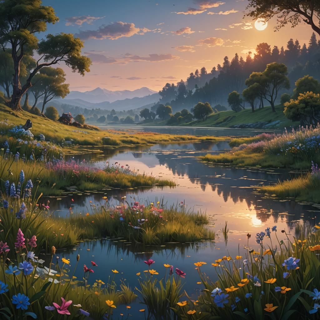 Pastoral Dusk Scene with Wildflowers as Oil Painting