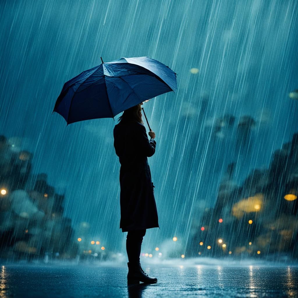 Woman with Umbrella in Rainstorm: Digital Rendering