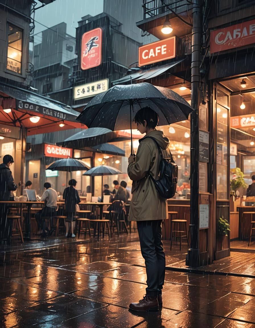 Anime Boy with Umbrella at Cafe on Rainy Day