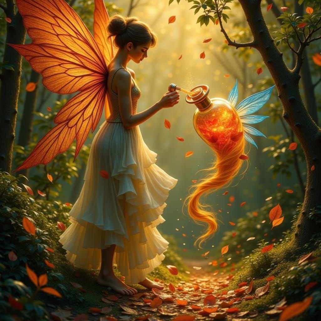 Fairy Pours Autumn Potion, Transforming Nature