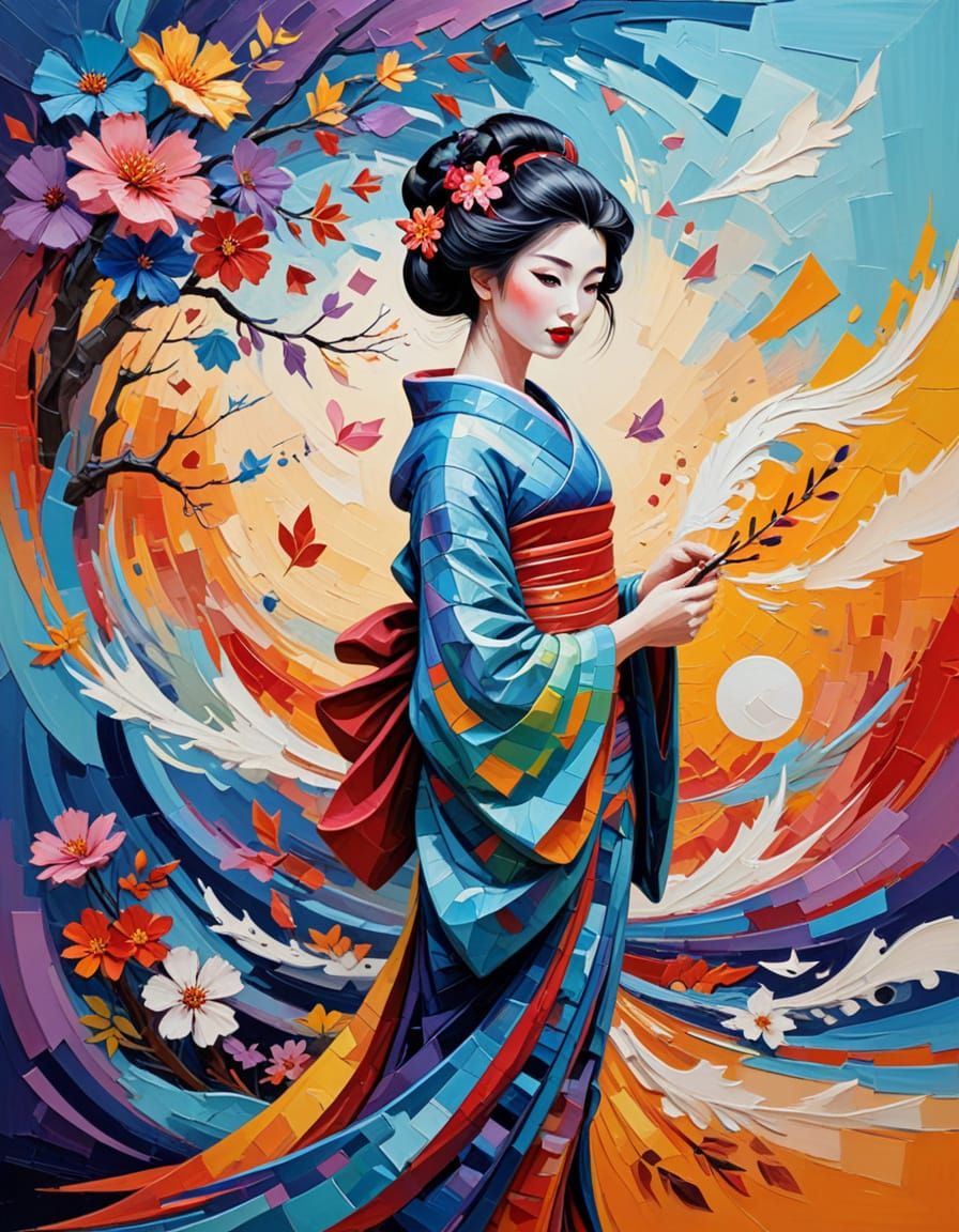 Beautiful Geisha in Geometric Neo-Cubism Style