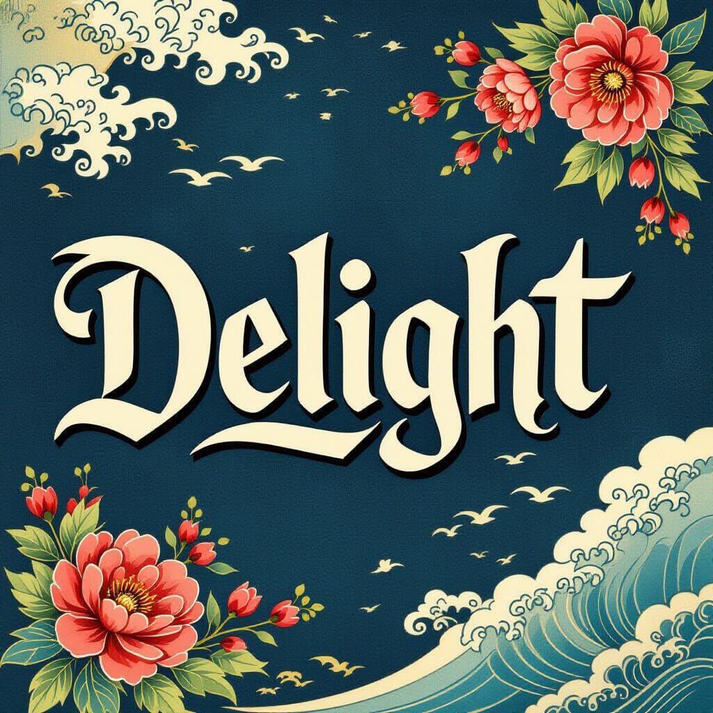 The text "Delight" in a lettering style influenced by Japane...