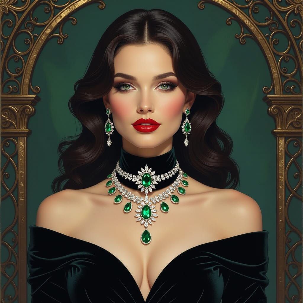 Woman in Emeralds, Fantasy Oil Painting Style