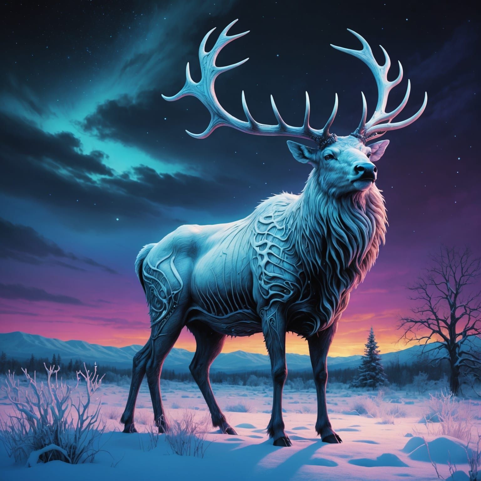 Mystical White Elk with Flaming Eyes in Snowy Field