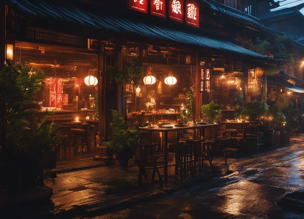 Rainy Night at Chinese Cafe: Hyperrealistic Digital Art