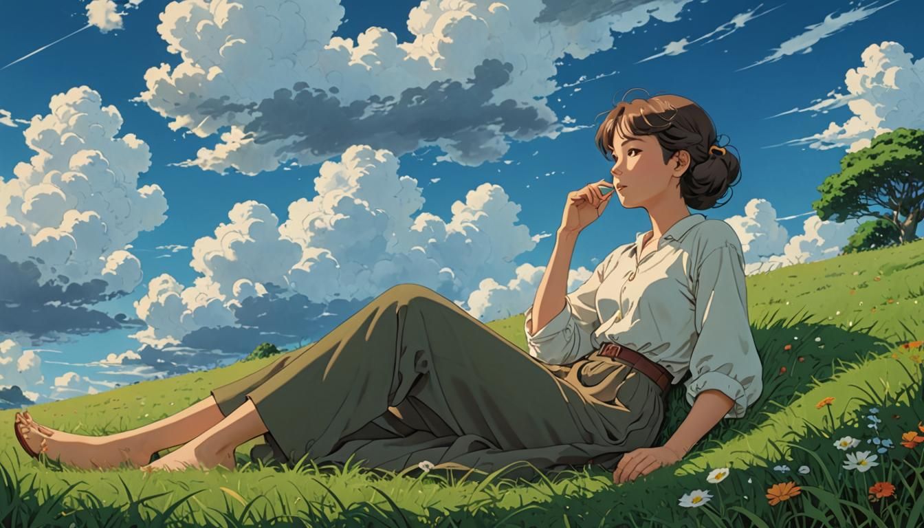 Dreamy Ghibli Woman Contemplates the Sky