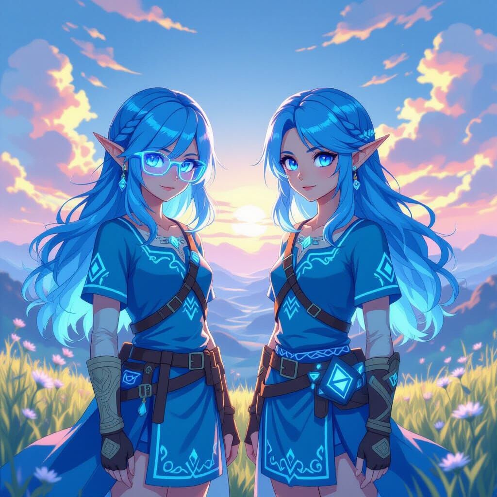 Two Girls in Glowing Hylian Dresses in a Cel-Shaded Landscap...