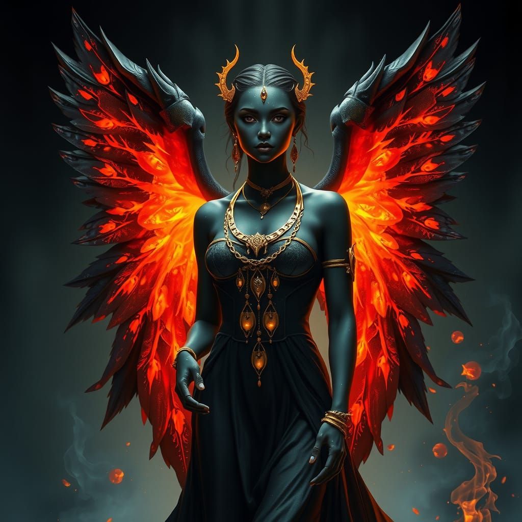 Dark Fantasy Angel with Obsidian and Lava Wings