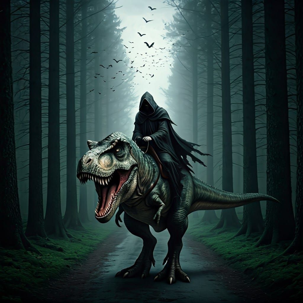 Hooded Figure Rides T-Rex in Dark Forest