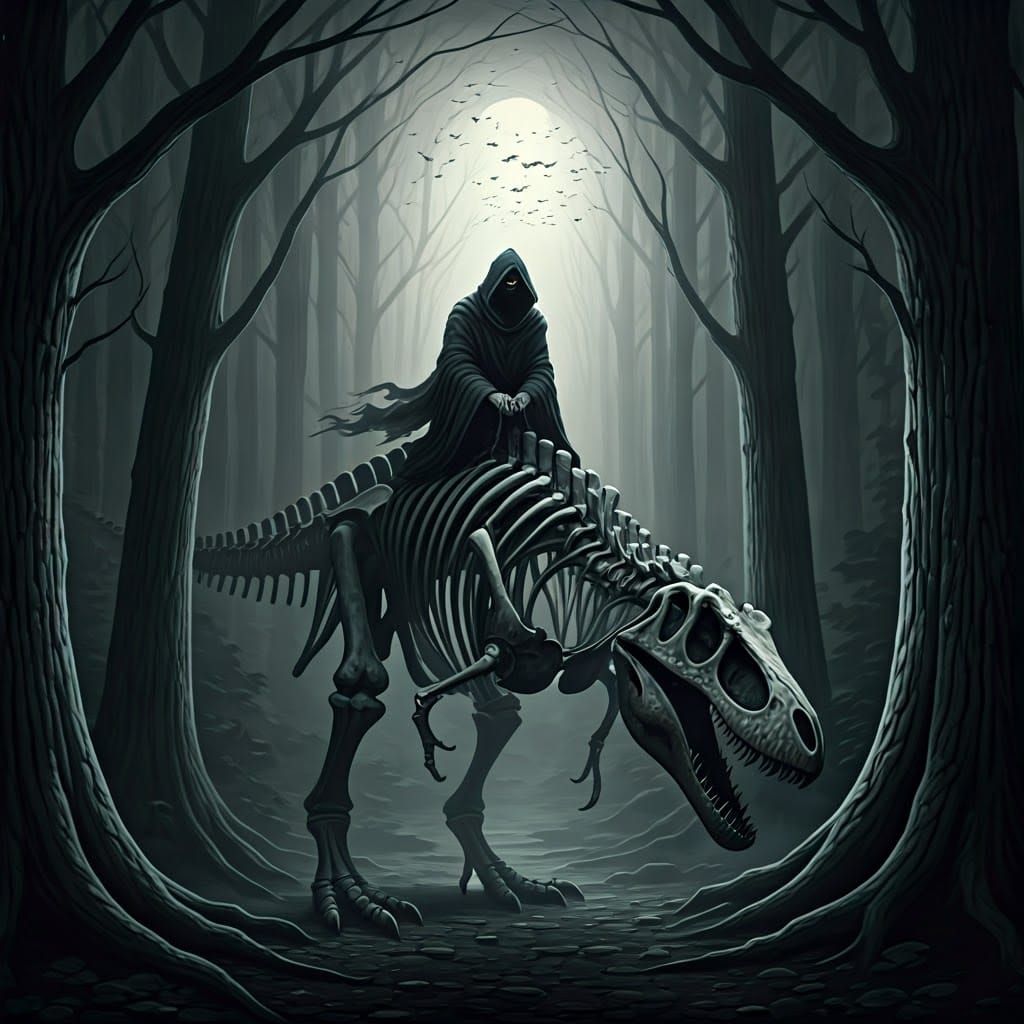 Ghost Rider on Skeletal Tyrannosaurus in Dark Forest