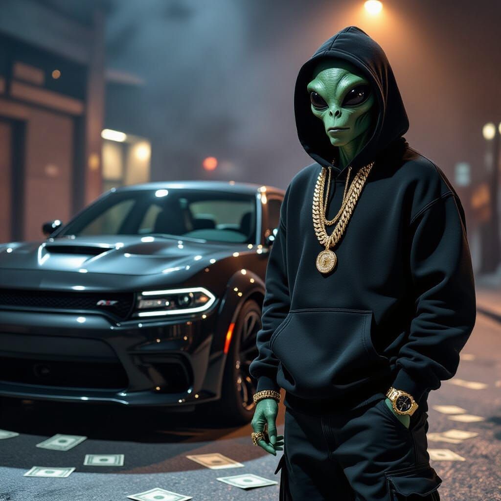 Alien in Hoodie with Gold Chains and Dodge Charger