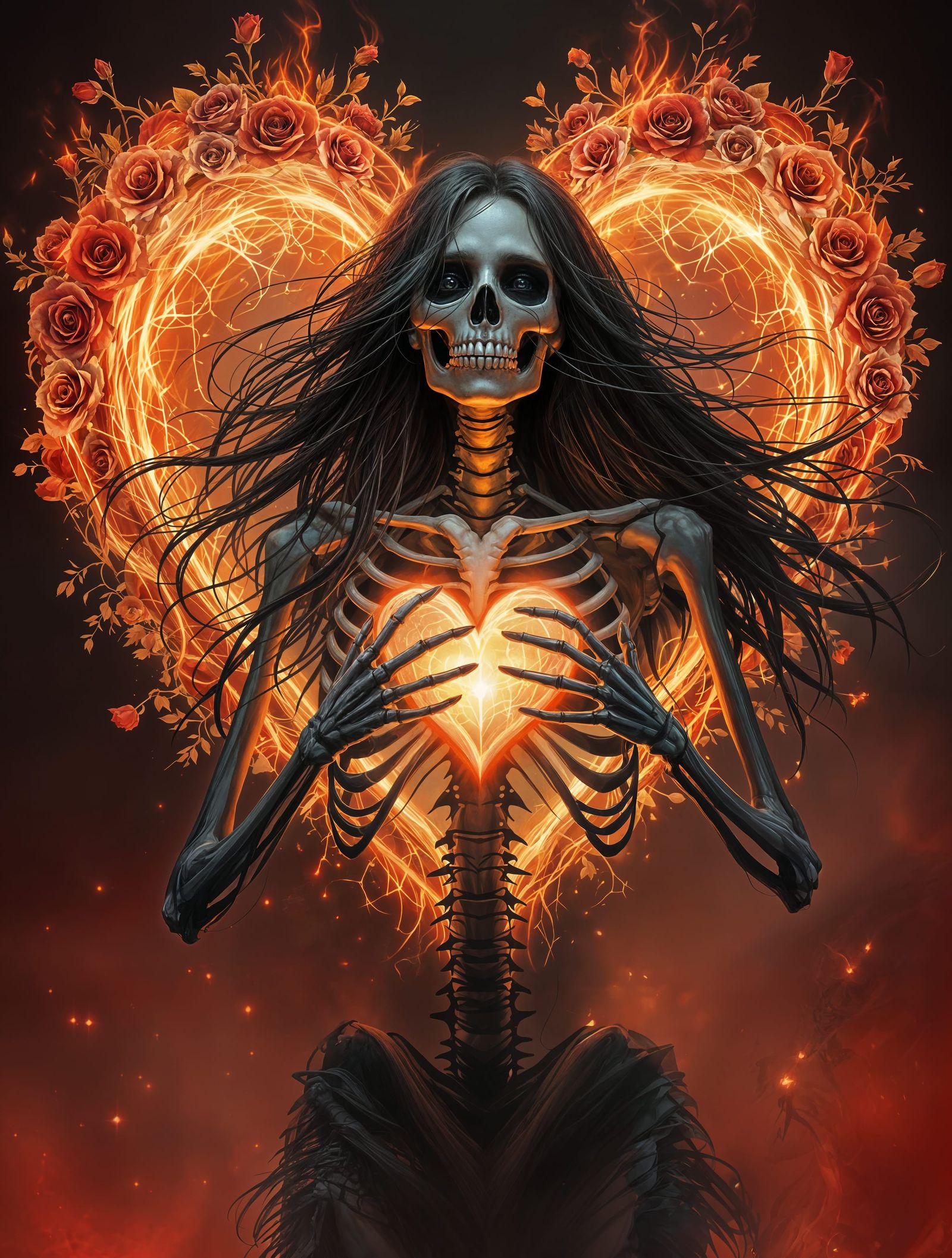 Skeletal Beauty Adorned with Love and Flames