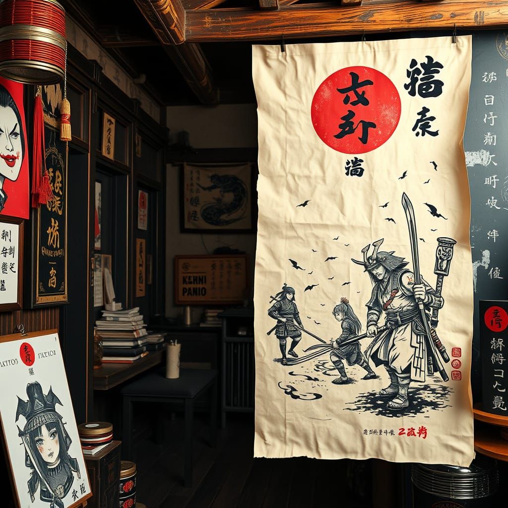 Japanese Samurai Tattoo Art on Rice Paper Poster