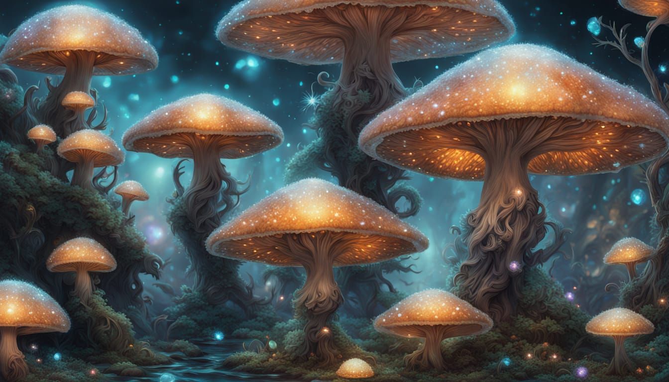 Bioluminescent Mushroom Home with Diamond Glitter