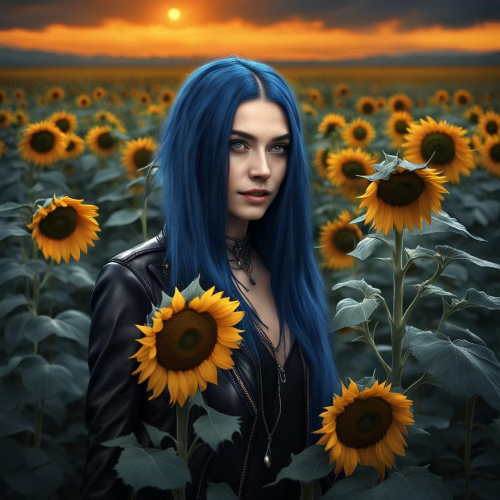 Gothic Woman in Burning Sunflower Field