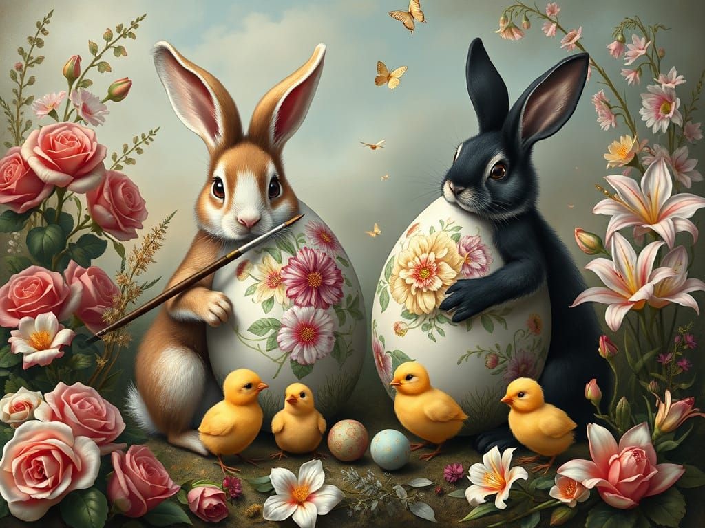 Bunnies and Chicks Painting Easter Eggs in Fantasy Landscape