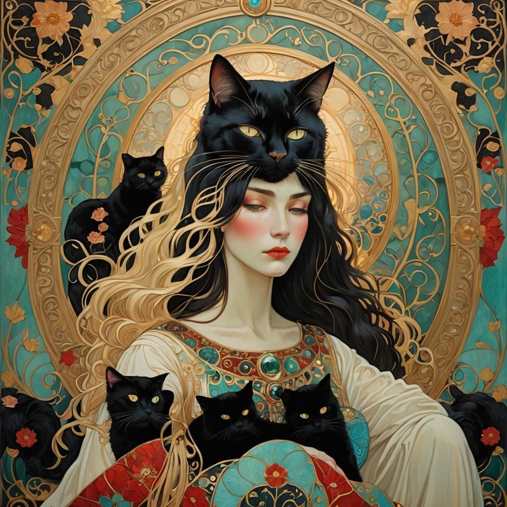Golden Woman and Cat in Klimt Art Nouveau Style