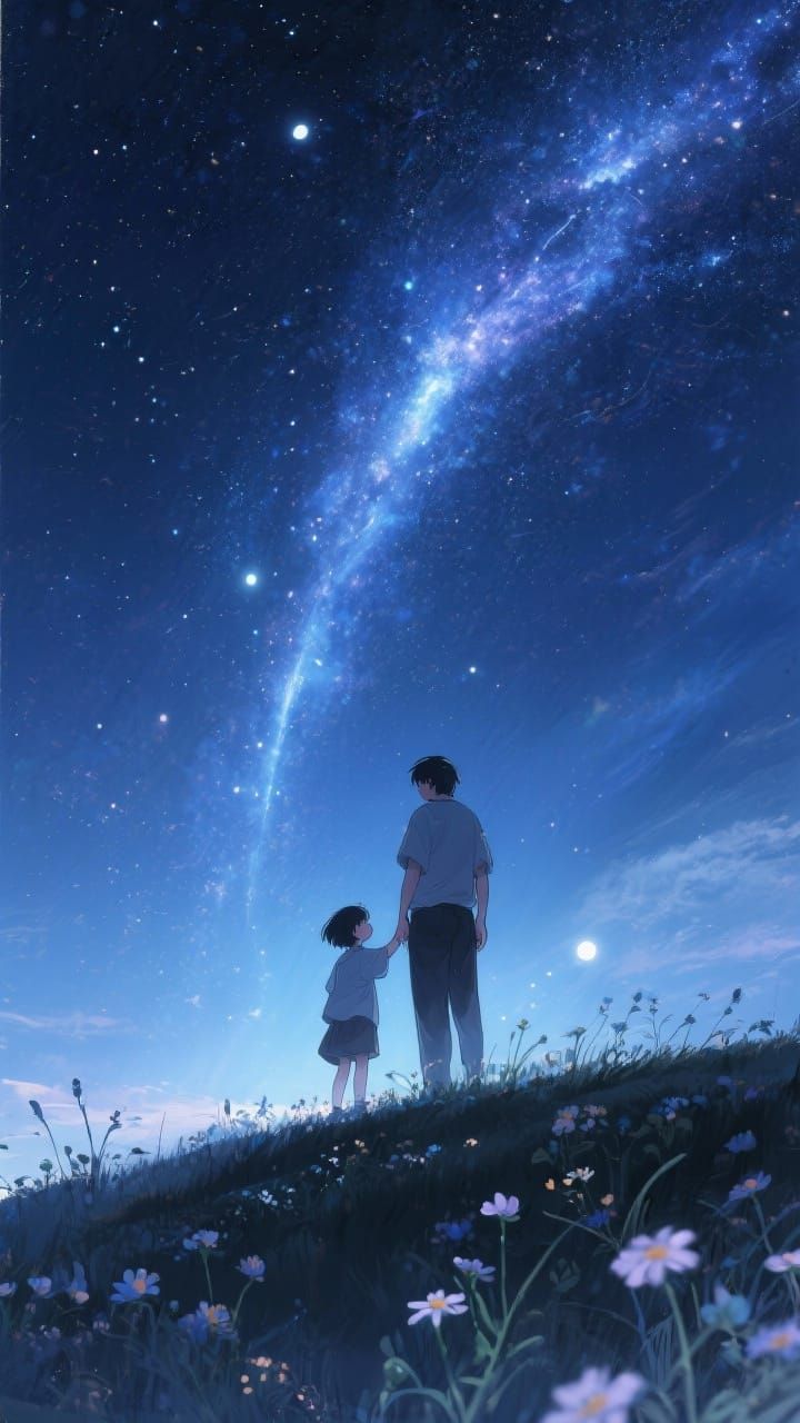 Couple Gazing at Milky Way on Starry Night Hill